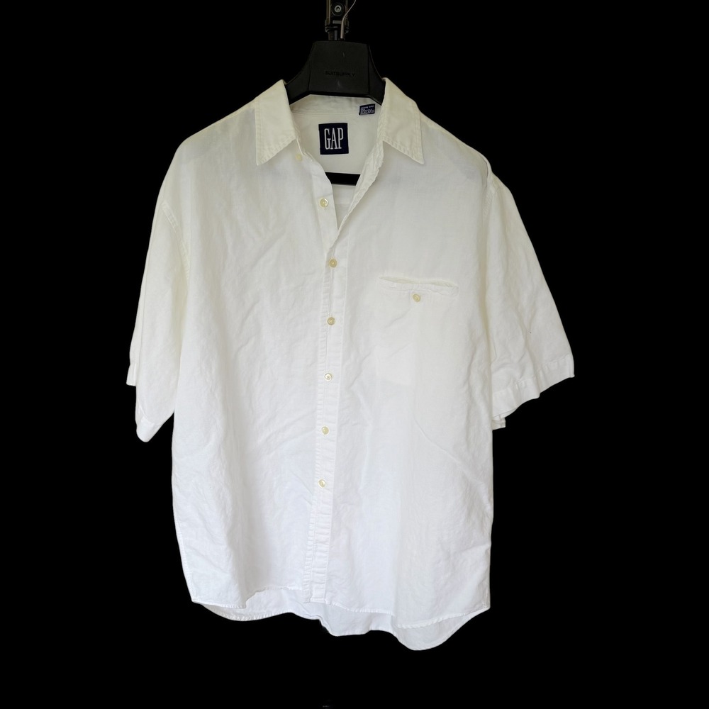 90's Gap White Linen Cotton Short Sleeve Button Down Shirt Large Pocket